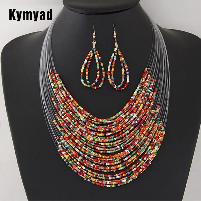 Kymyad Bohemia Jewelry Set Colorful Beads Jewelry Sets For Women Bijoux Fish Line Chain Multilayer Necklace Set Costume Jewelry