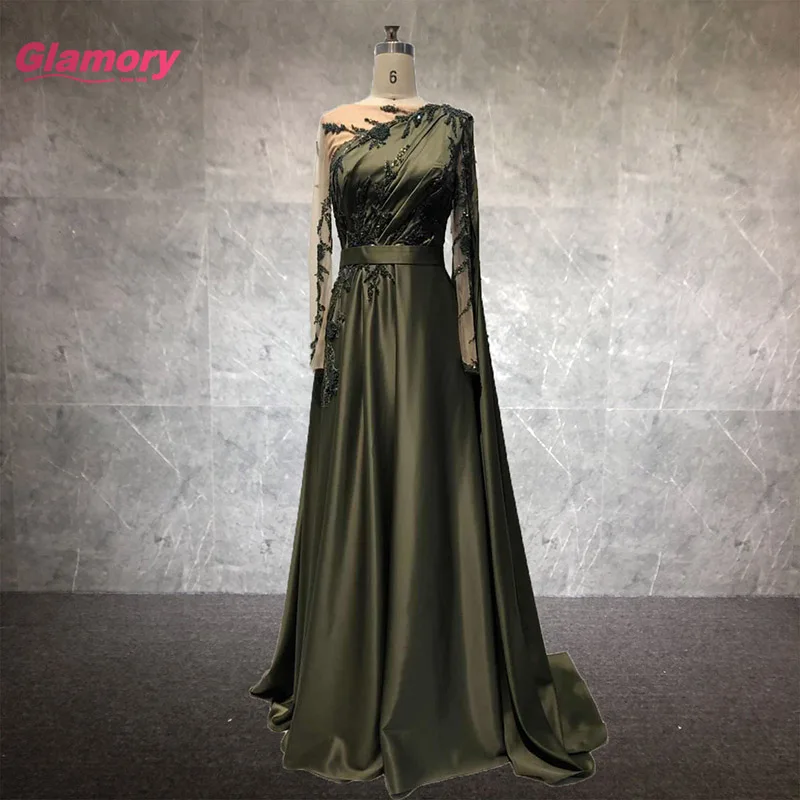 2020 New Arrival Long Sleeves Elegant Green Handmade Beading A Line Satin Prom Dress Plus Size For Woman Evening Party