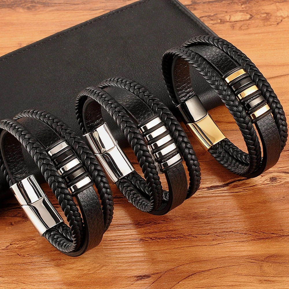 XQNI Multi-layer 4 color Selection Hand-woven Accessories Combination Men Stainless Steel Leather Bracelet Valentine\'s Day Gift