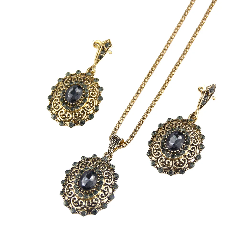 Sunspicems Retro Vintage Bohemia Women Jewelry Sets Antique Gold Color Gray Crystal Drop Earring Necklace Turkish Bijoux Gift