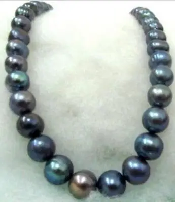 free shipping noble jewelry Freshwater 12-11MM natural BLACK blue PEARL NECKLACE 14k