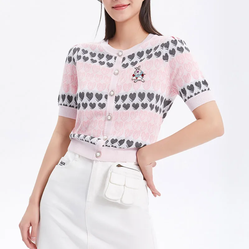 Crop Top con stampa a cuore per donna, camicia lavorata a maglia Jacquard, blu, o-collo, manica corta, Cardigan rosa, maglieria sottile, estate