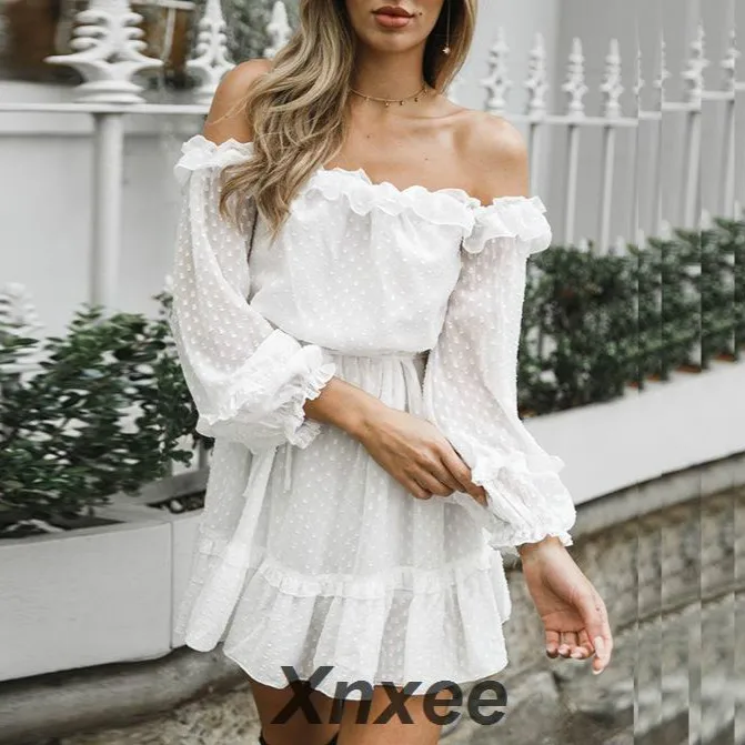 

Sexy Dot Printed Dress Women Autumn Off Shoulder Ruffles Dresses Long Sleeve A-Line Women Dress robe femme ete 2019 Xnxee