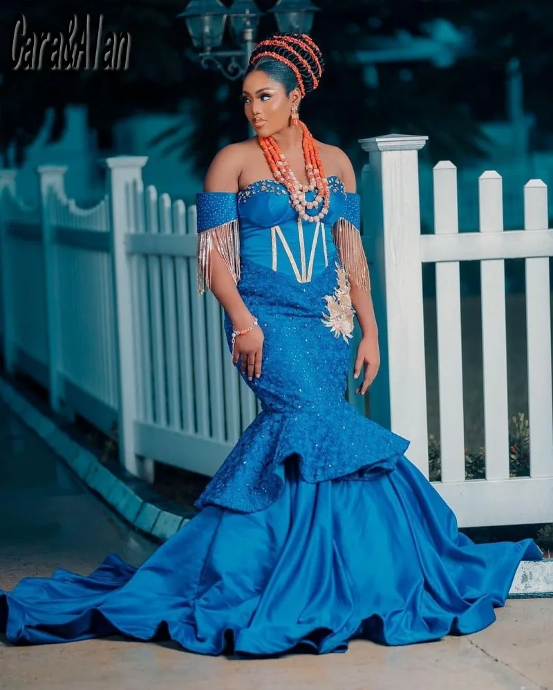 robe de soirée femme Mermaid Blue Prom Dresses Off the Shoulder Lace Beaded African Evening Gowns Weedings Reception Dress