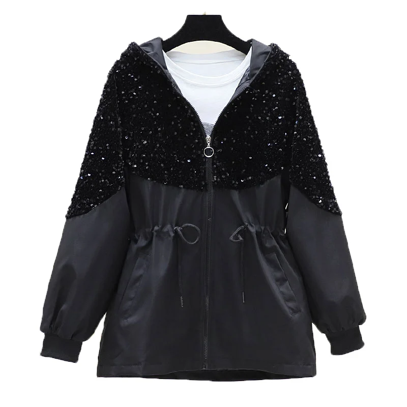 

Shiny Sequin Women's Jacket Spring Autumn Stitching Sequined Drawstring Casual Hooded Coat Ladies Black Windbreaker Outerwear