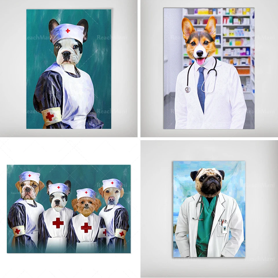 Fashion nurse fun poster dog and print wall picture cool pet dog in hospital art canvas painting living room home decoration