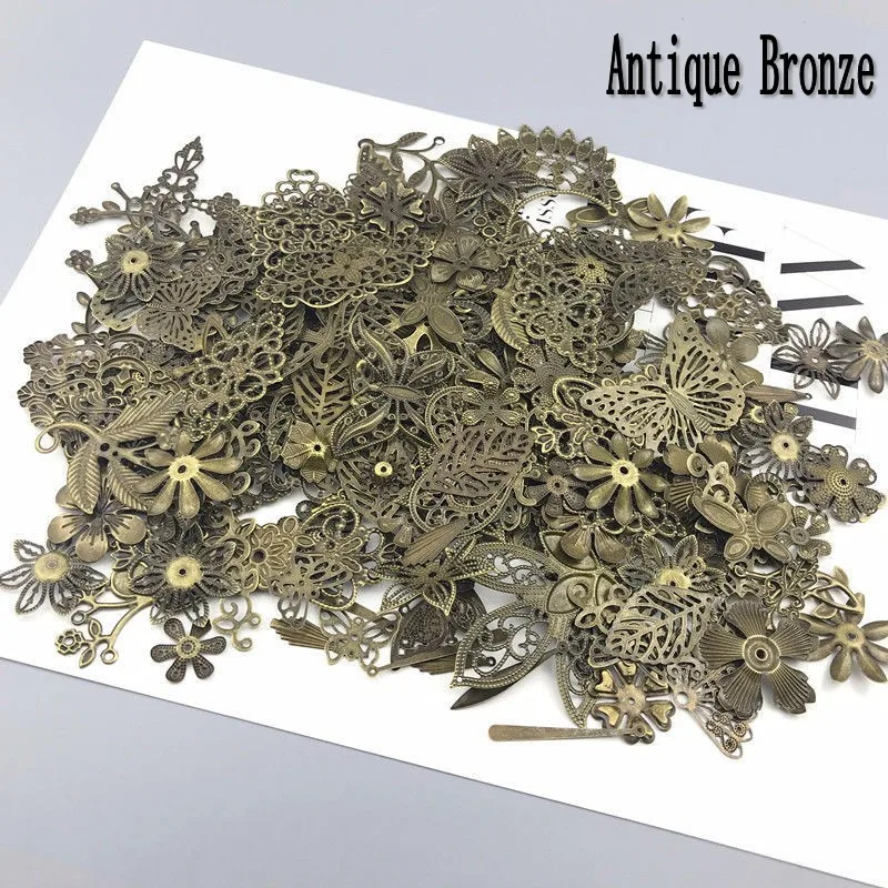 30Pcs Antique Bronze Random Mixed Shape Filigree Wraps Connectors Metal Crafts Gift Hair Jewelry Accessories Ancient Decorative