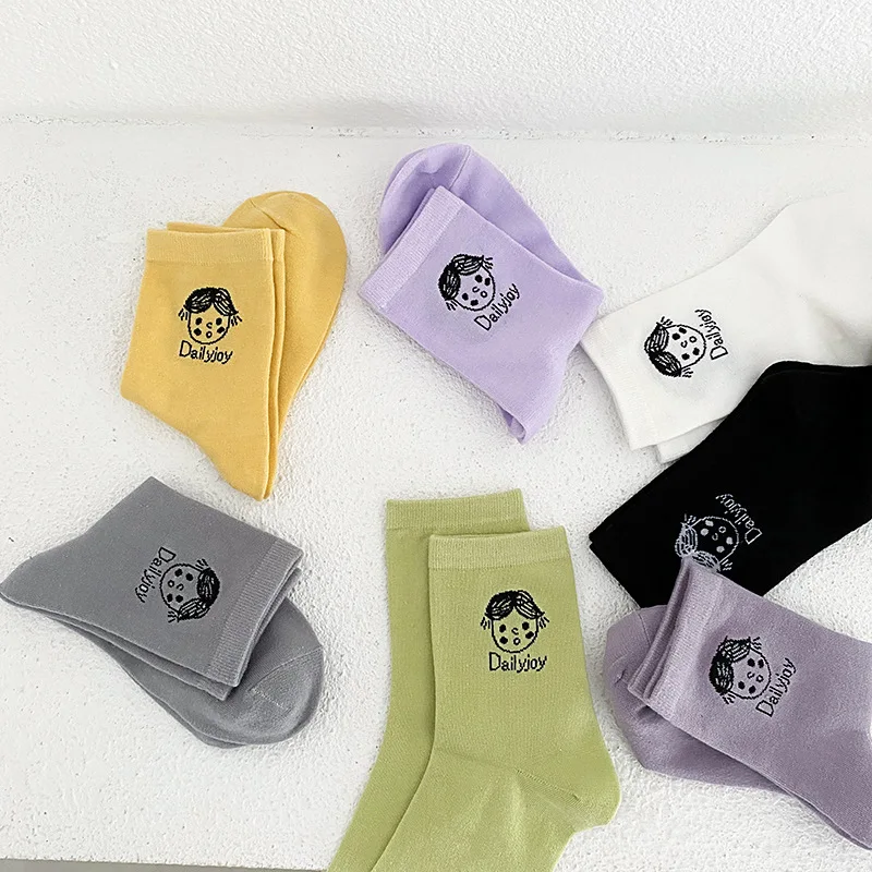 Women's Socks Black Cartoon Avatar Female Socks Solid Color Female Crew Casual Cotton Girls Japanese Fashion Spring Autumn