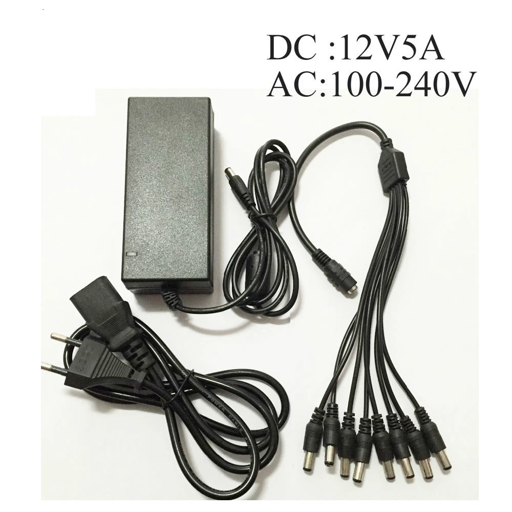 AC 100V--240V to DC 12V 5A Power Supply Adapter + 8 Split Power Cable for Analog AHD TVI CVI CCTV Security Camera DVR Systems