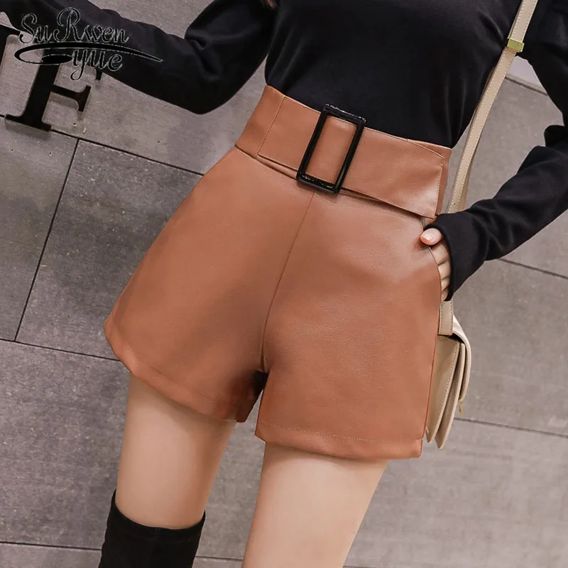 

2021 Autumn Korean PU Faux Leather Shorts Women High Waist Wide Leg Shorts Lady Plus Size Sexy Black Belted Short Bottoms 7774