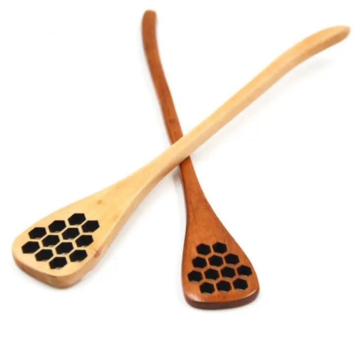 

Cute Wood Carving Kitchen Flatware Honey Stirring Spoons Honeycomb Carved Honey Dipper SN651