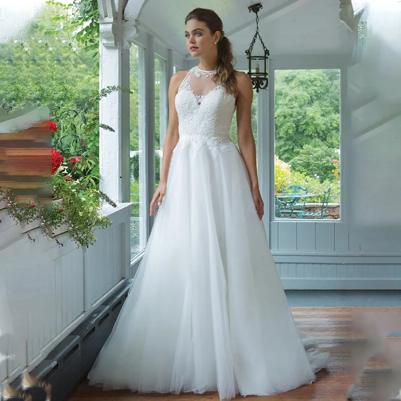 

Bohemian Simple A Line Wedding Dresses 2022 Backless High Neck Lace Applique For Women Weeding Gowns Sashes Custom