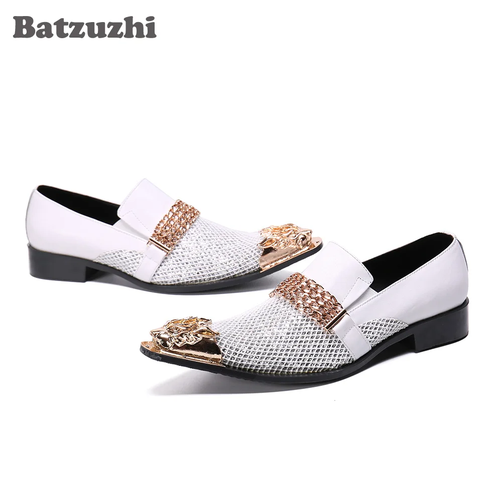 Batzuzhi Men Dress Shoes Italian Type Formal Genuine Leather Shoes Men Pointed Toe White Blink Wedding Shoes, Big Sizes 38-46