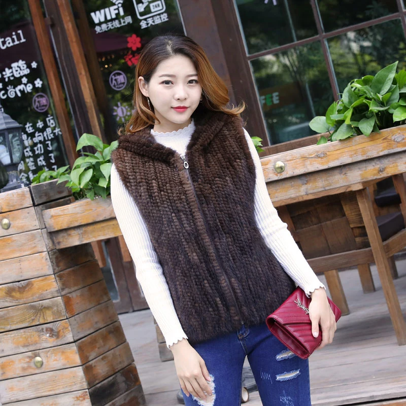 Genuine Mink fur knitted hooded vest slim mink hair knitted vest female Fashion Mink knit vest