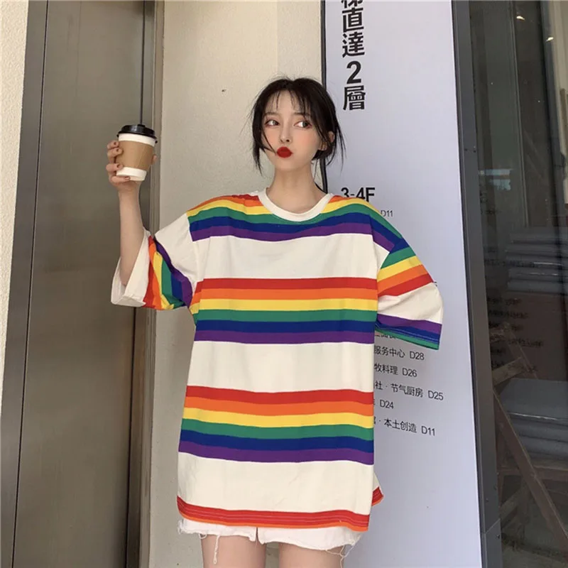 Women Rainbow T Shirt Striped Punk T-shirt O-Neck Casual Harajuku Tshirt Short Sleeve Korean Fashion Shirt Camiseta Feminina Top