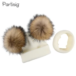 Inverno crianças malha natural pele de guaxinim duplo pompom chapéu para meninas crochê cabelo real boné do bebê cachecol crianças gorro