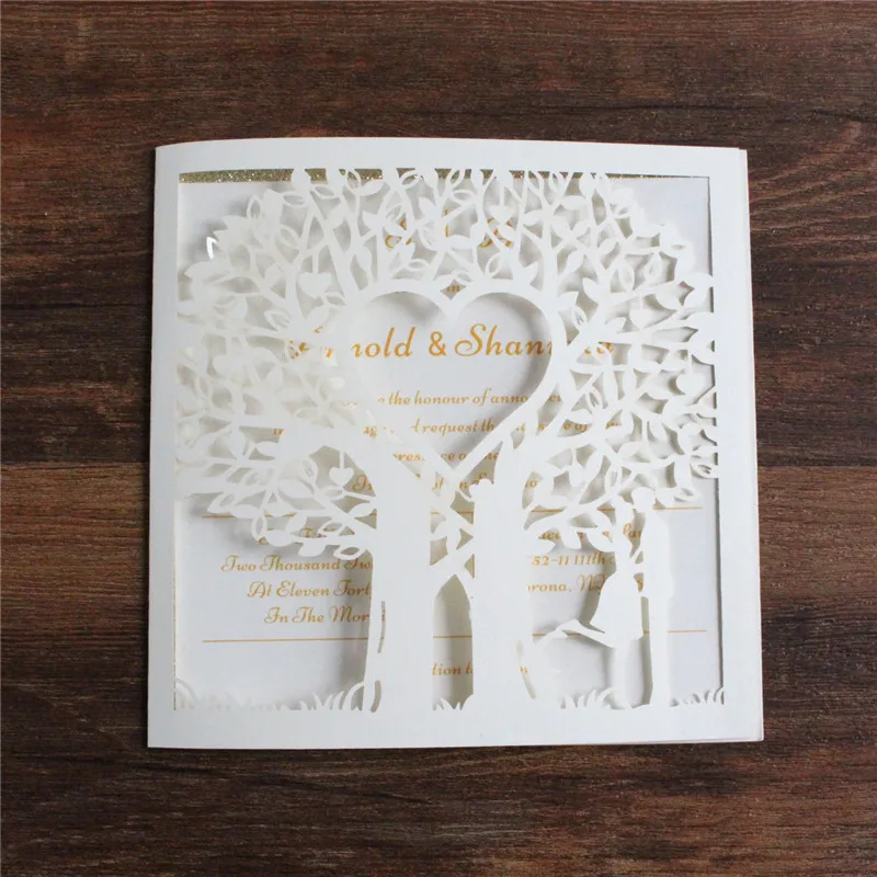 

White Tree Laser Cut Invitation Card Customized Text Printing Glitter Gold Border Invite Multi Colors 50 Pieces