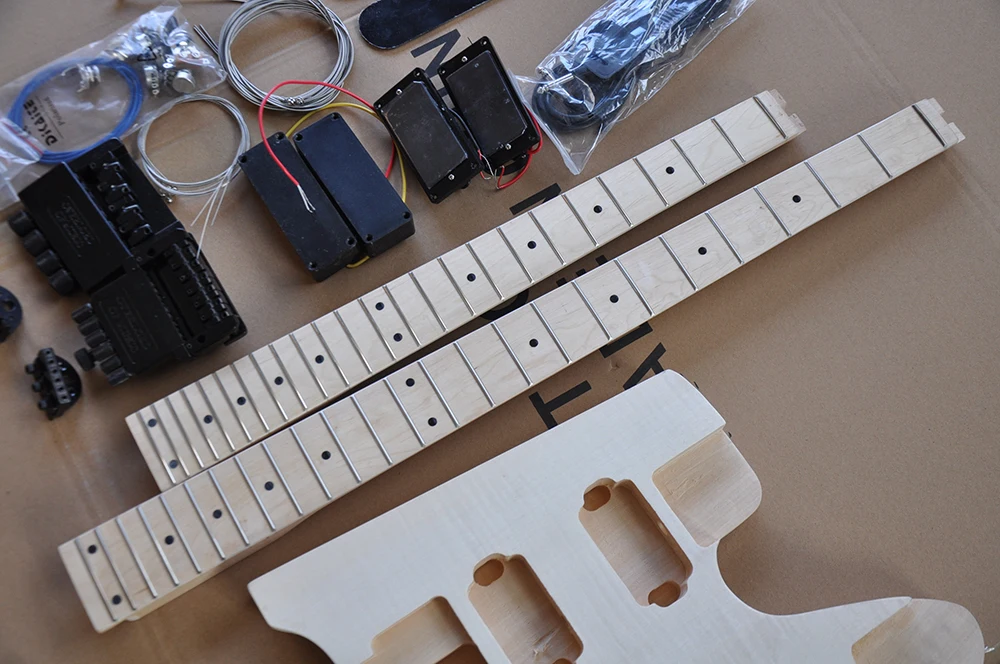 DIY Semi-Finished Double Necks Electric Guitar Kits without Paint,Maple Fretboard,Flame Maple Veneer