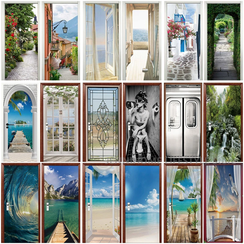 3D Landscape Door Stickers Removable Vinilos Para Puertas Adhesive Wallpaper Sexy Woman Murals for Doors Modern PVC Home Decor