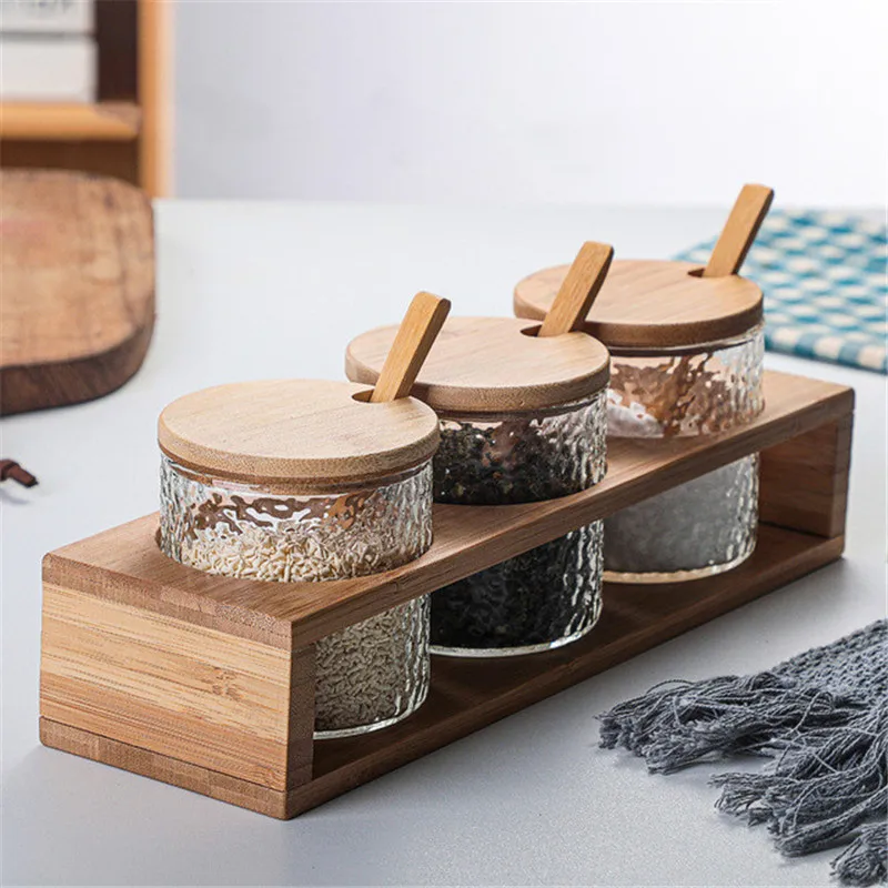 

Japanese Hammered Glass Spice Jar Set with Bamboo Shelf Seasoning Box Kitchen Cooking Tools Salt Shaker Sugar Storage Bottle