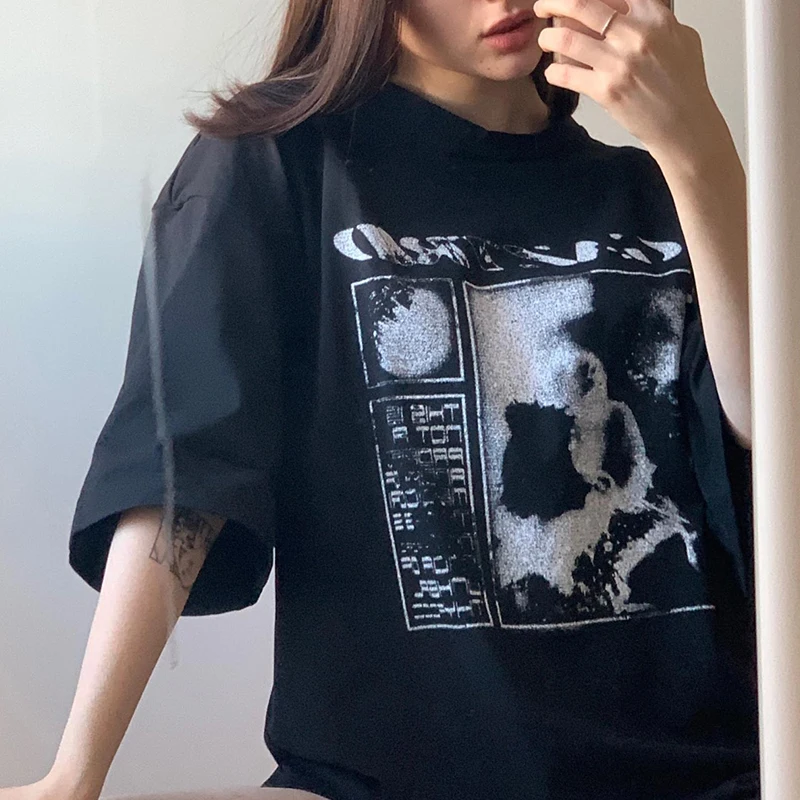 vintage black printed short-sleeved t-shirt women's summer T-shirt female y2k harajuku oversized t shirt женские футболки goth