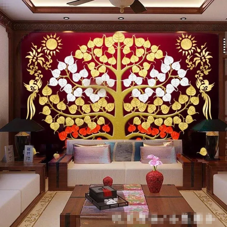 

Customized Southeast Asia Thai-style gold foil painting living room entrance porch frescoes Bodhi tree auspicious tree wallpaper