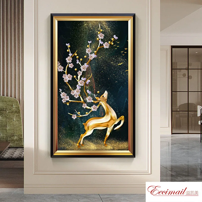 EECAMAIL 5D Diamond Painting Full Of Diamond Stone Embroidered Retro Charm Wealthy Deer Stick Diamond Cross Stitch Living Room