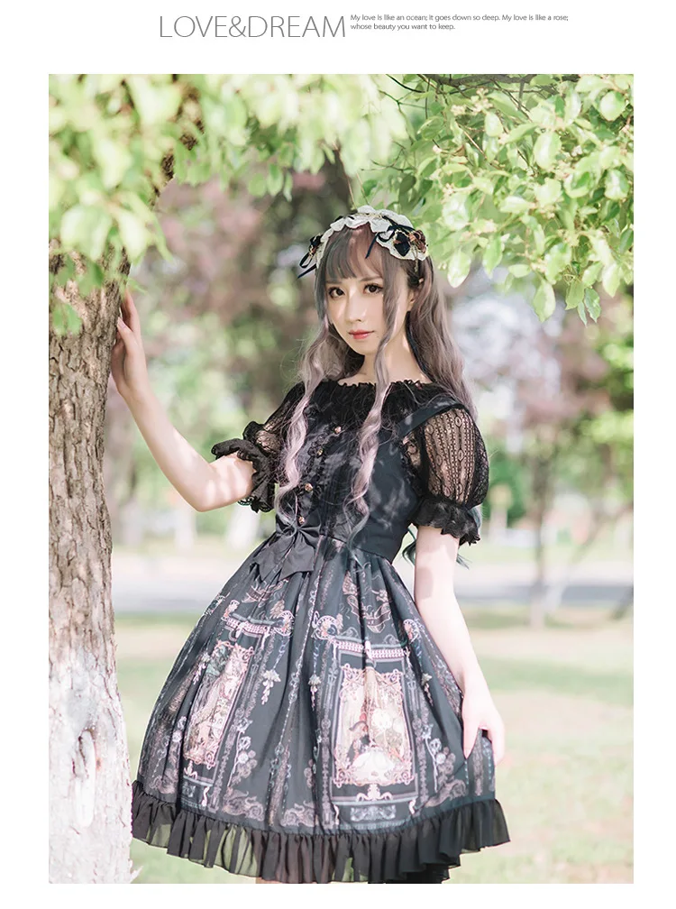 Vestido gótico de palacio para niña, vestido de tirantes de princesa lolita, vintage, estampado de cintura alta, Victoriano, kawaii, gótico lolita cos loli