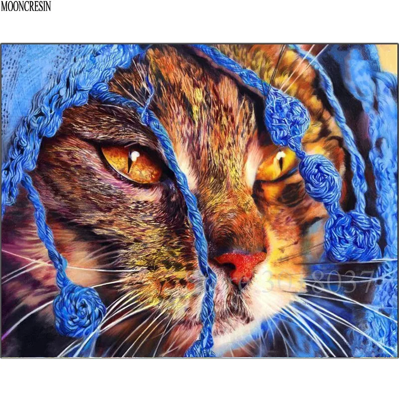 

5D Diy Diamond Painting Cross Stitch Kitten Wearing Blue Hat Needlework 3D Diamond Embroidery Full Round Mosaic Decoration Resin