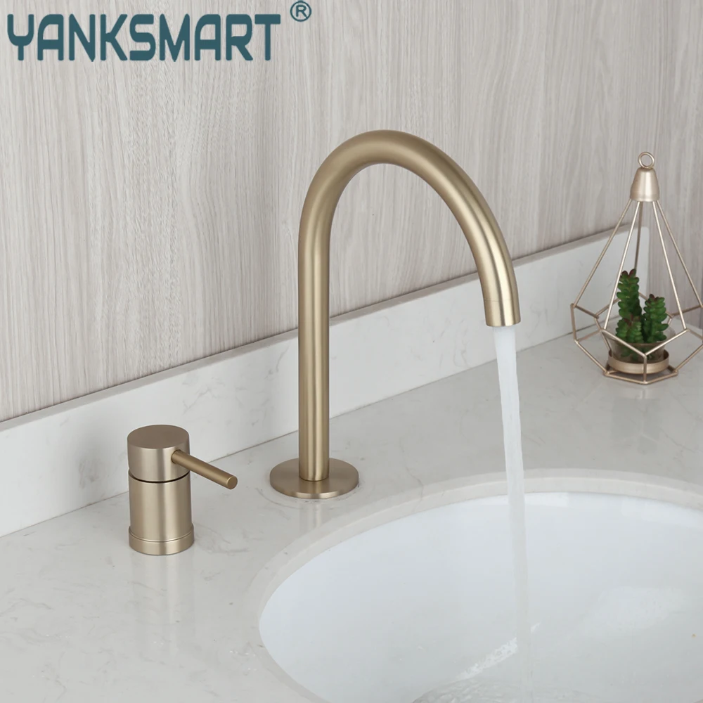 

YANKSMART Brushed Gold Waterfall Widespread Bathroom Basin Sink Faucet Deck Mounted Single Handle 2 Holes Mixer Water Tap