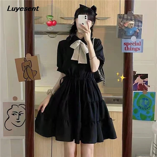 Black White Korean Fashion Lady Dress Gothic Summer Pleated Lapel Collar Japanese Dresses Big Bow Elegant Party Sweet Clothes