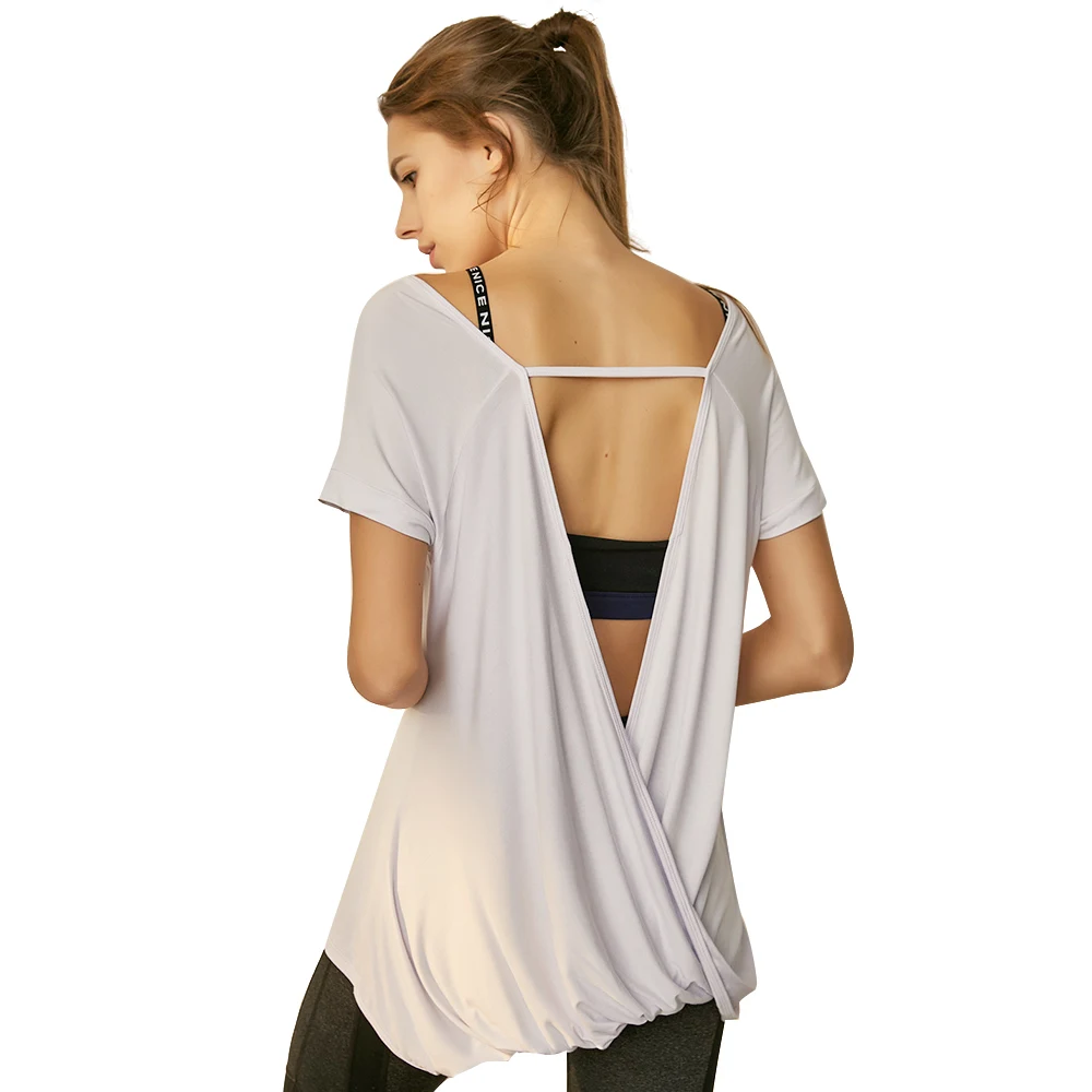 Koszulki do fitnessu dla kobiet bluzki gimnastyczne Backless Loose Modal stałe szybkoschnące Jogging Workout Sport joga z krótkim rękawem koszule na co dzień — zdjęcie 2