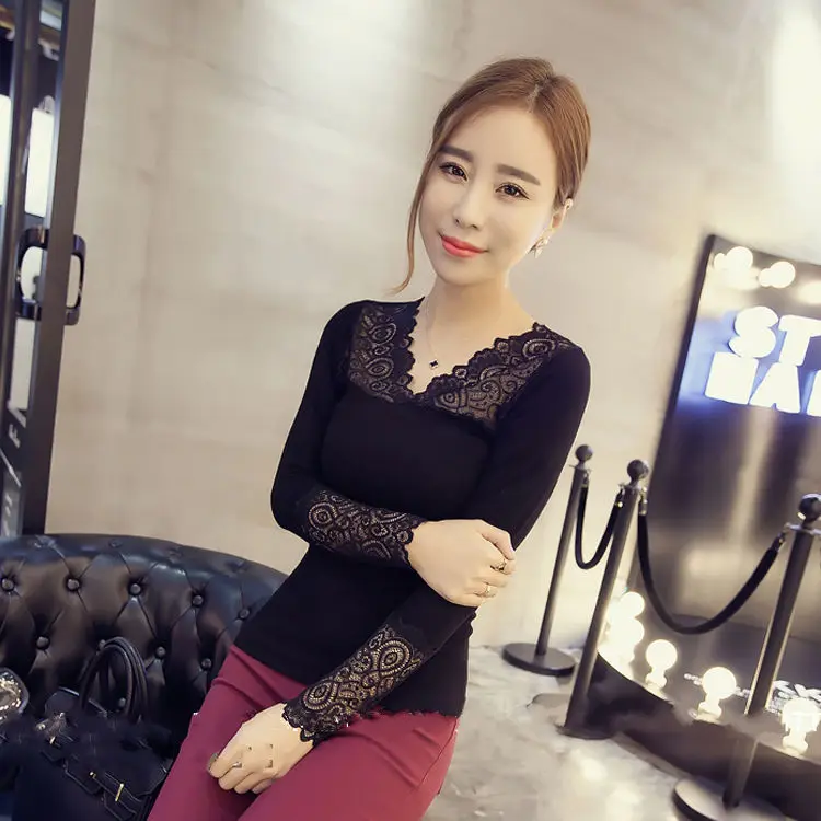 

() Lace Long-Sleeved Women's T-shirt V-neck Black Top Woman Tshirts Tops Mujer Camisetas