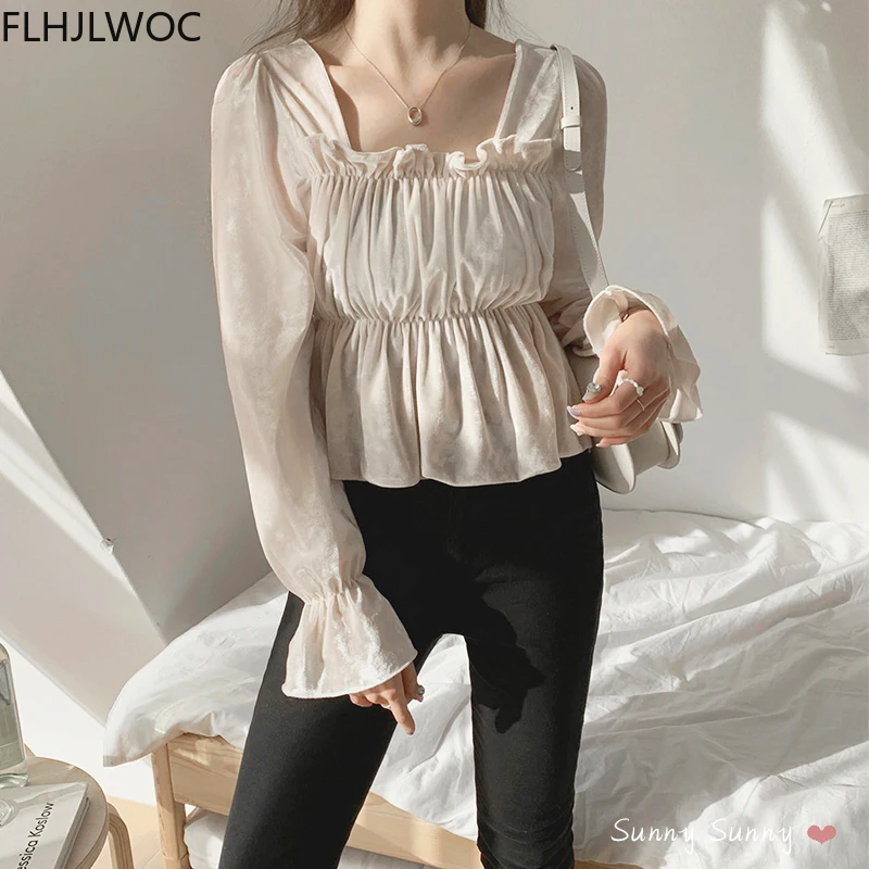 Chic Korea Cute Sweet Soft Velvet Peplum Tops Women Flare Sleeve Strapless Preppy Style Date Wear Vintage Shirt Blouse