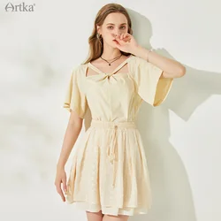 ARTKA 2021 Summer New Women T-shirt 100% Cotton Elegant Cross Square Collar T-shirts Ruffle Short Sleeve T-shirts TA25314X