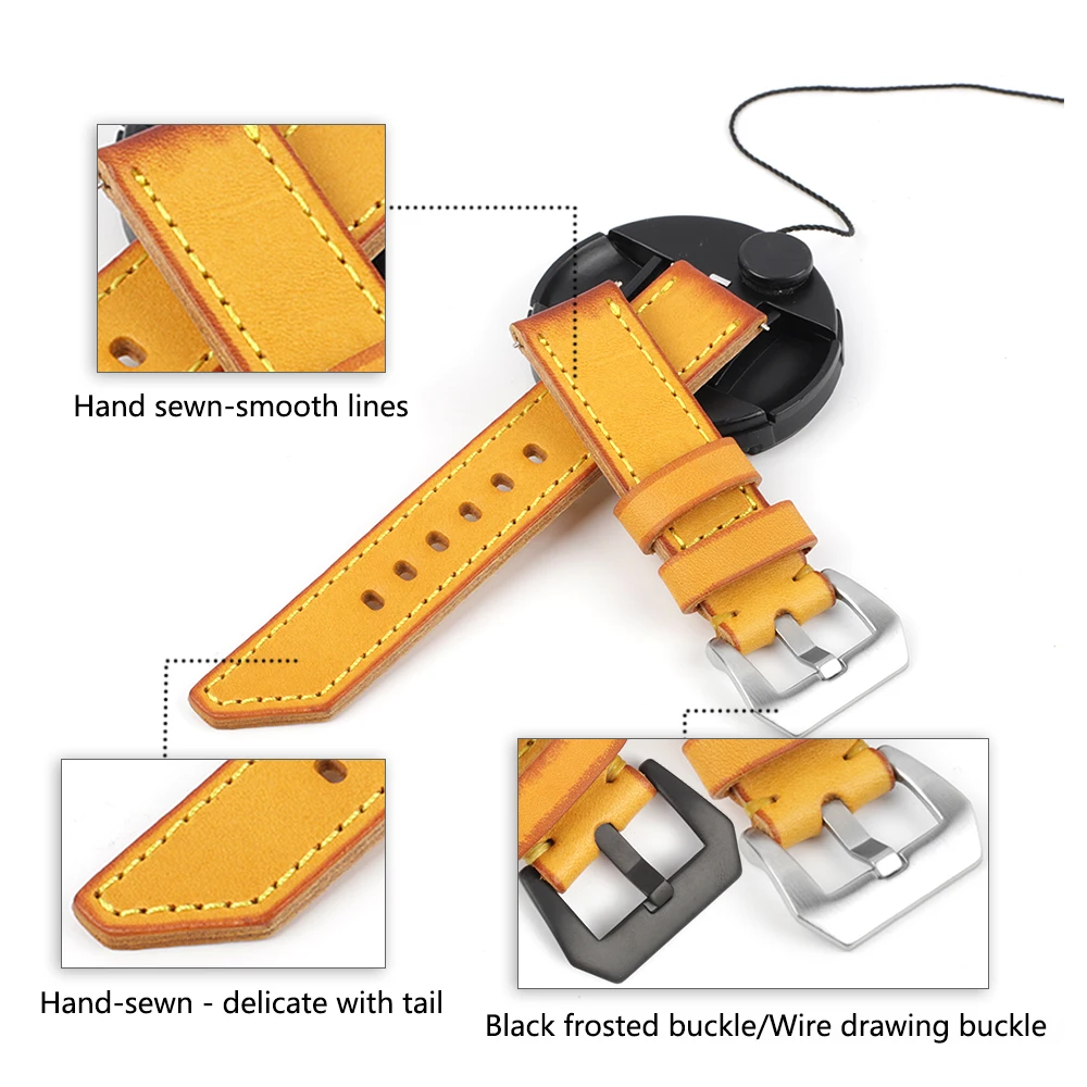 Vintage Real Cow Leather Yellow Watchband 20mm 22mm 24mm 26mm Handmade Watch Straps Replacement  Men Wist Bracelet for Panerai