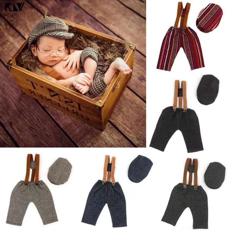 2pcs Newborn Baby Hat Pants Suspender Trouser Clothing Set Photo Shooting Costume Outfit Clothe Photography Props Accessories