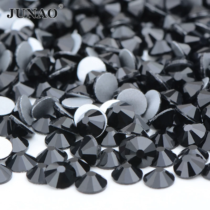 JUNAO SS 3 6 8 10 16 20 30 Black Glass Nail Rhinestones Diamond Flat Back Stones and Crystals Non Hotfix Glass Strass Beads