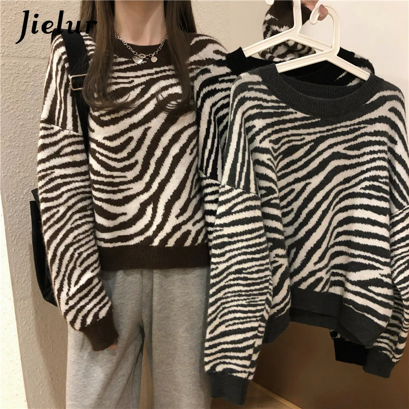 Jielur Winter Harajuku Women's Sweater Loose Pullovers Ladies Soft Striped Zebra Chic Korean Knitted Sweaters O-Neck Casual Top