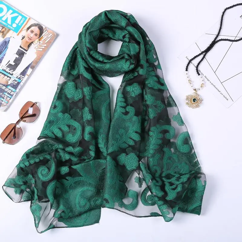 Hot Selling 180*70 Organza Silk Embroidery Floral Scarves Women Winter Shawls Hijab Lace Wrap Poncho For Euro USA