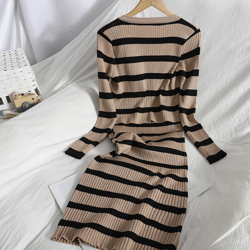 Korobov Korean Sweet Hit Color Patchwork Striped Spaghetti Strap Dress and V Neck Long Sleeve Cardigans 2 Pieces Sets