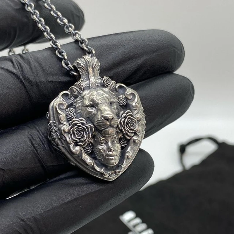 EYHIMD Mens Flowers Skull 316L Stainless Steel Heart Pendant Necklaces for Women Men Lion Necklace Biker Jewelry Gift