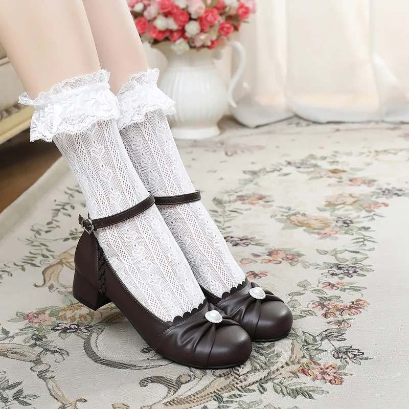 Kawaii girl sweet lolita shoes pearl lace bowknot princess kawaii shoes round head thick heel 3-5cm women shoes loli cosplay cos