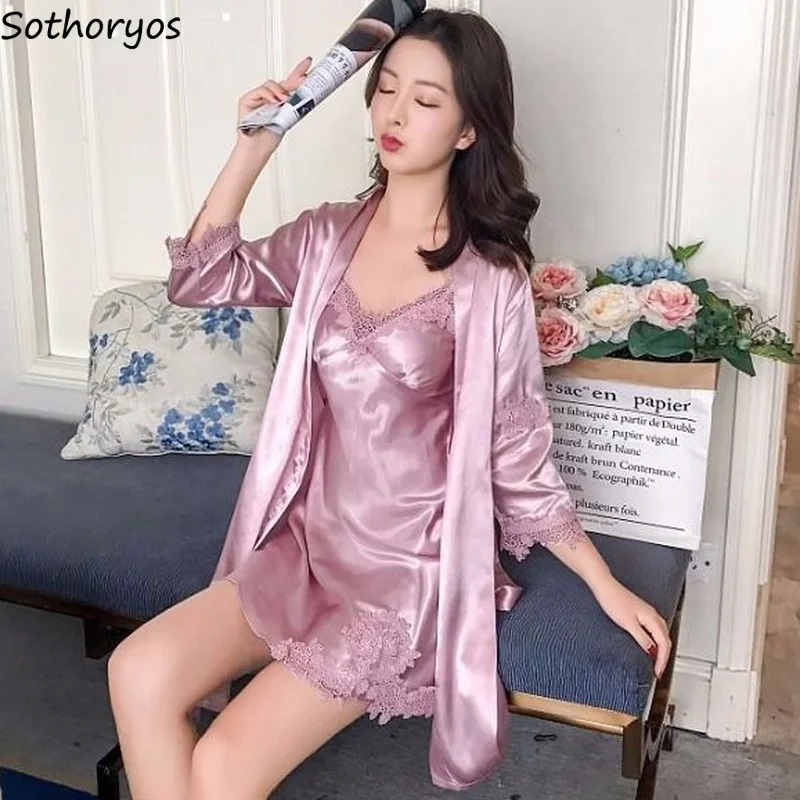 Robe Gowns Sets Women Cozy Sexy Spaghetti Strap V-neck Patchwork Lounge Wear Female Summer  Skin-friendly With Chest Pad New