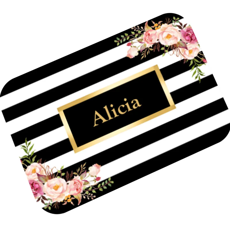 Trendy Floral Black White Striped Welcome Doormat Custom Name Door Mat for Bathroom Kitchen Personalised Rug Carpet Home Decor