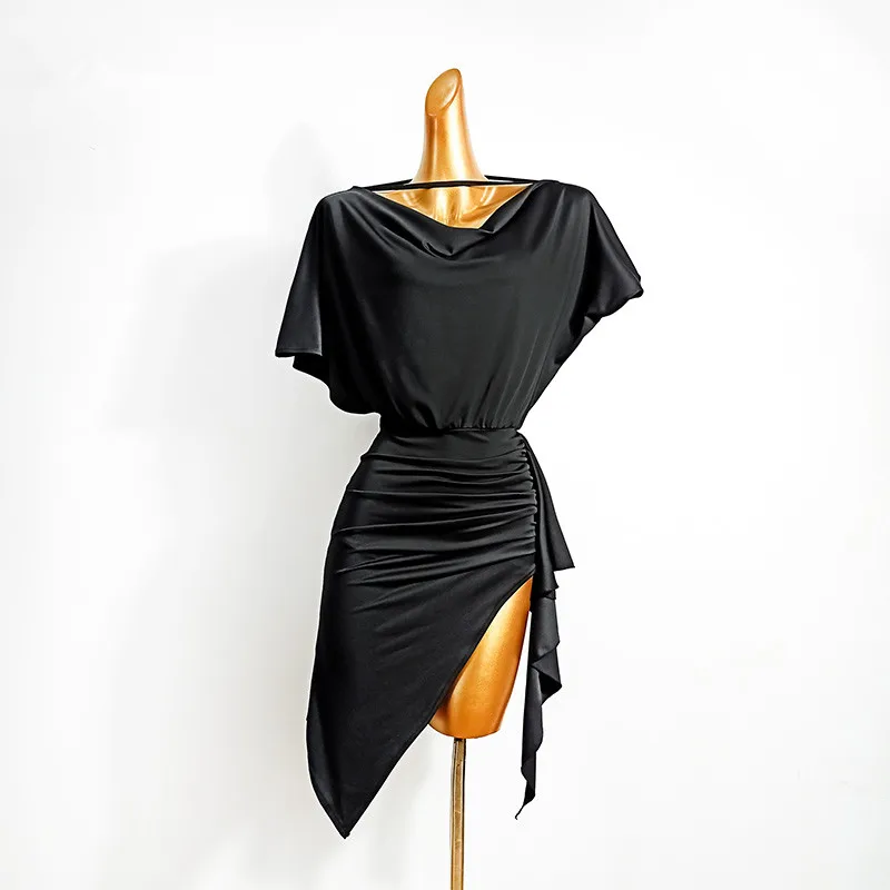 

Latin Dance Dress Female Pink Slit Skirts Women Samba Rumba Chacha Dress Latin Practice Wear Bat Sleeved One-Piece Dress