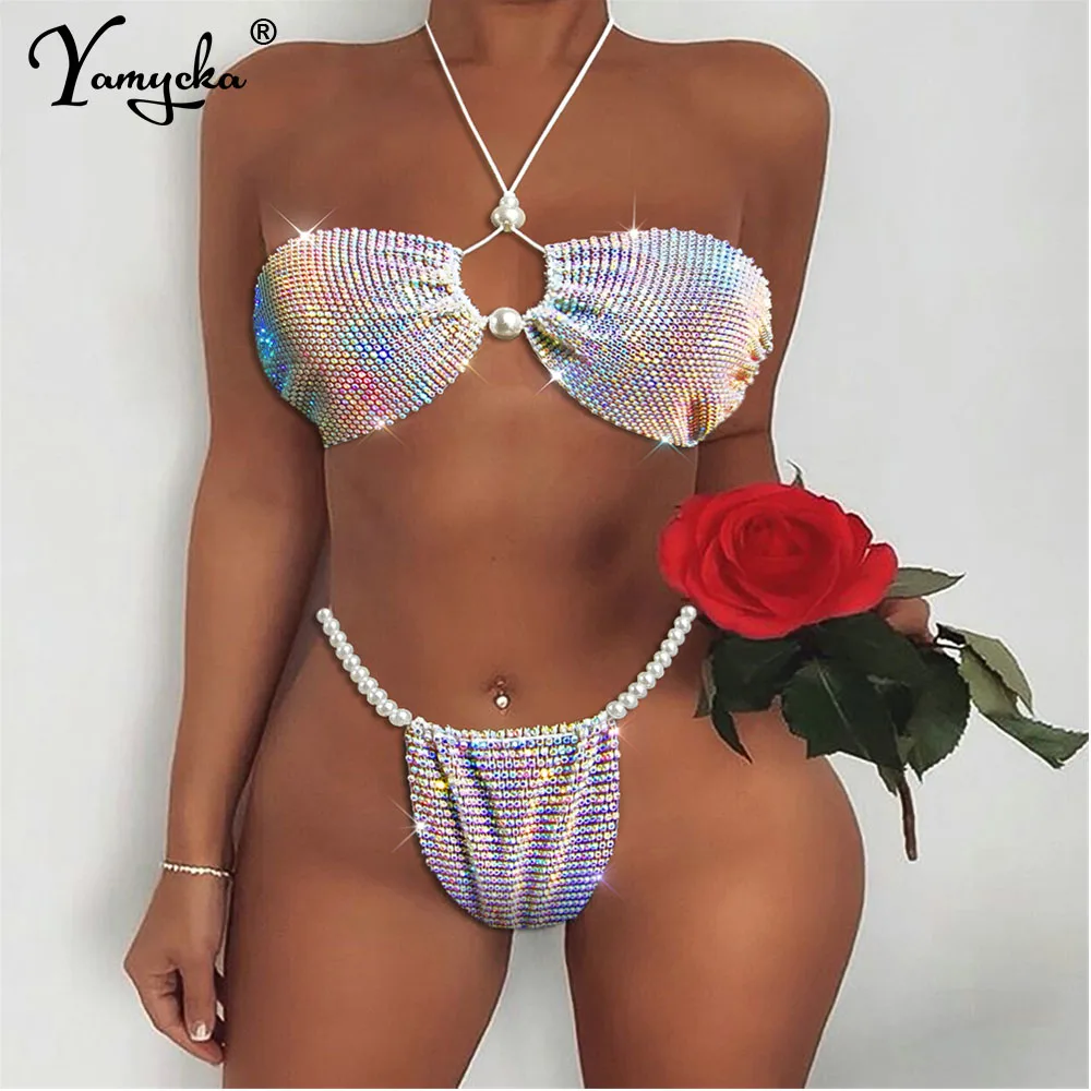 Sexy micro string strass due 2 pezzi bikini set costumi da bagno donna perizoma mini bikini push up cover abbigliamento da spiaggia bikini costume da bagno