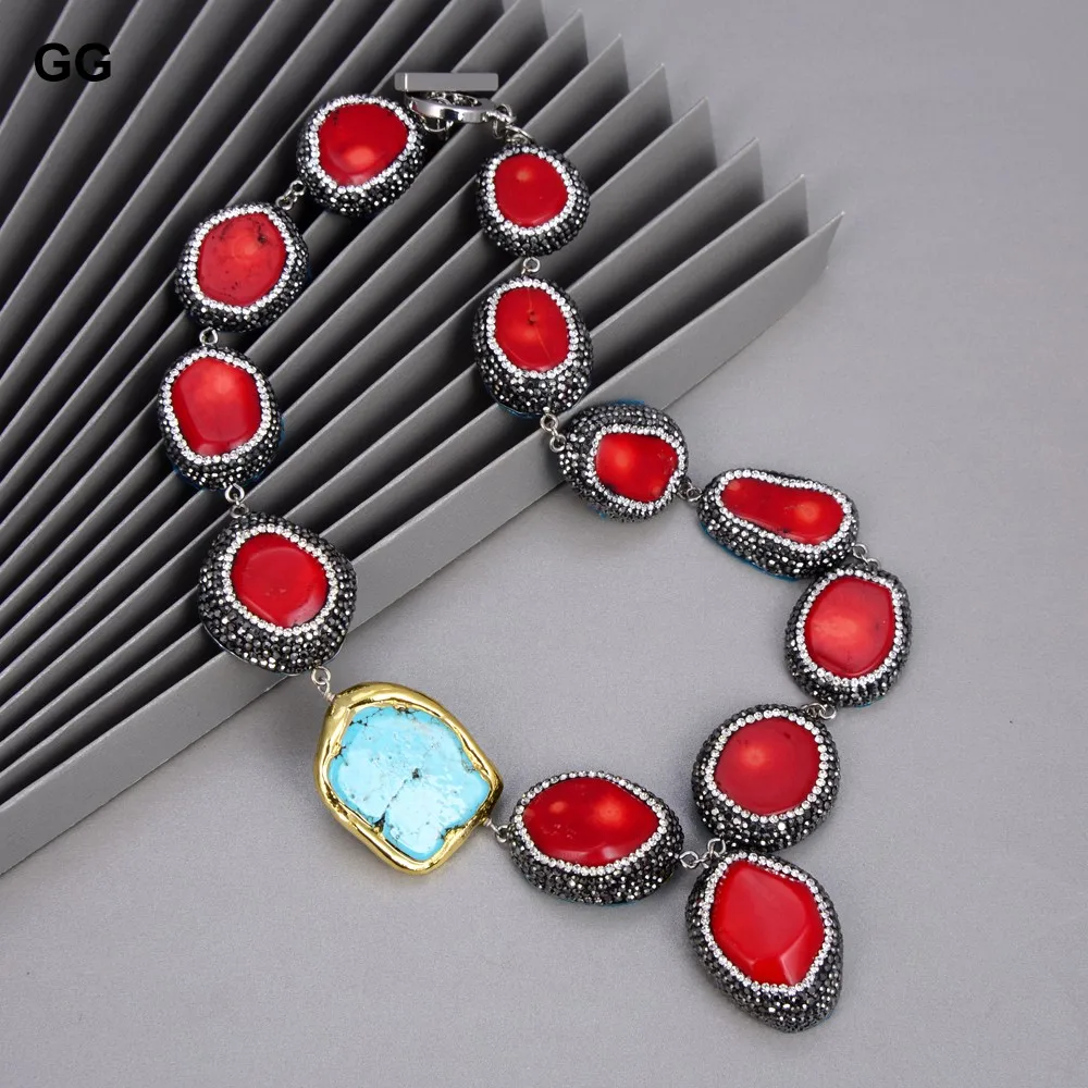 G-G Red Coral Trimmed Paved CZ Marcasite Blue Turquoises Gold Plated Nugget Necklace Bracelet Earrings Sets