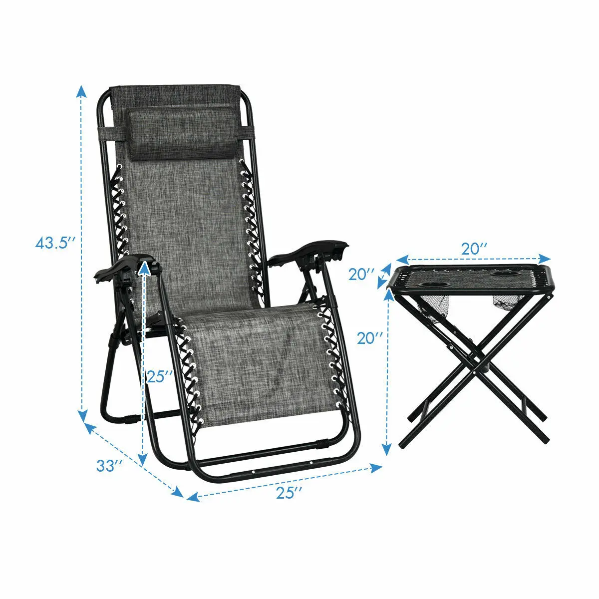 Giantex Folding 3PC Outdoor Furniture Zero Gravity Reclining Lounge Chairs and Table Pillows Portable Beach Camping Set