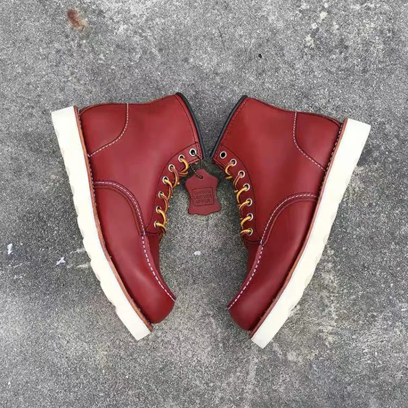 2020 New Designer Handmade Vintage Men Shoes High Quality Cow Leather Ankle Boot Goodyear Welted Wings Motorcycle Boots Wine Red